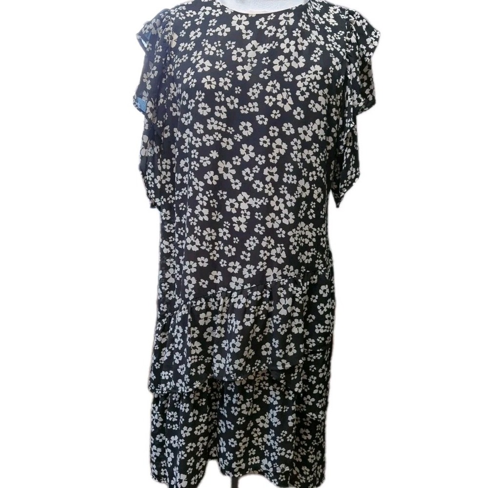 Who What Wear Size XXL Floral Tiered Ruffle Dress w/ High Low Hem Black & White